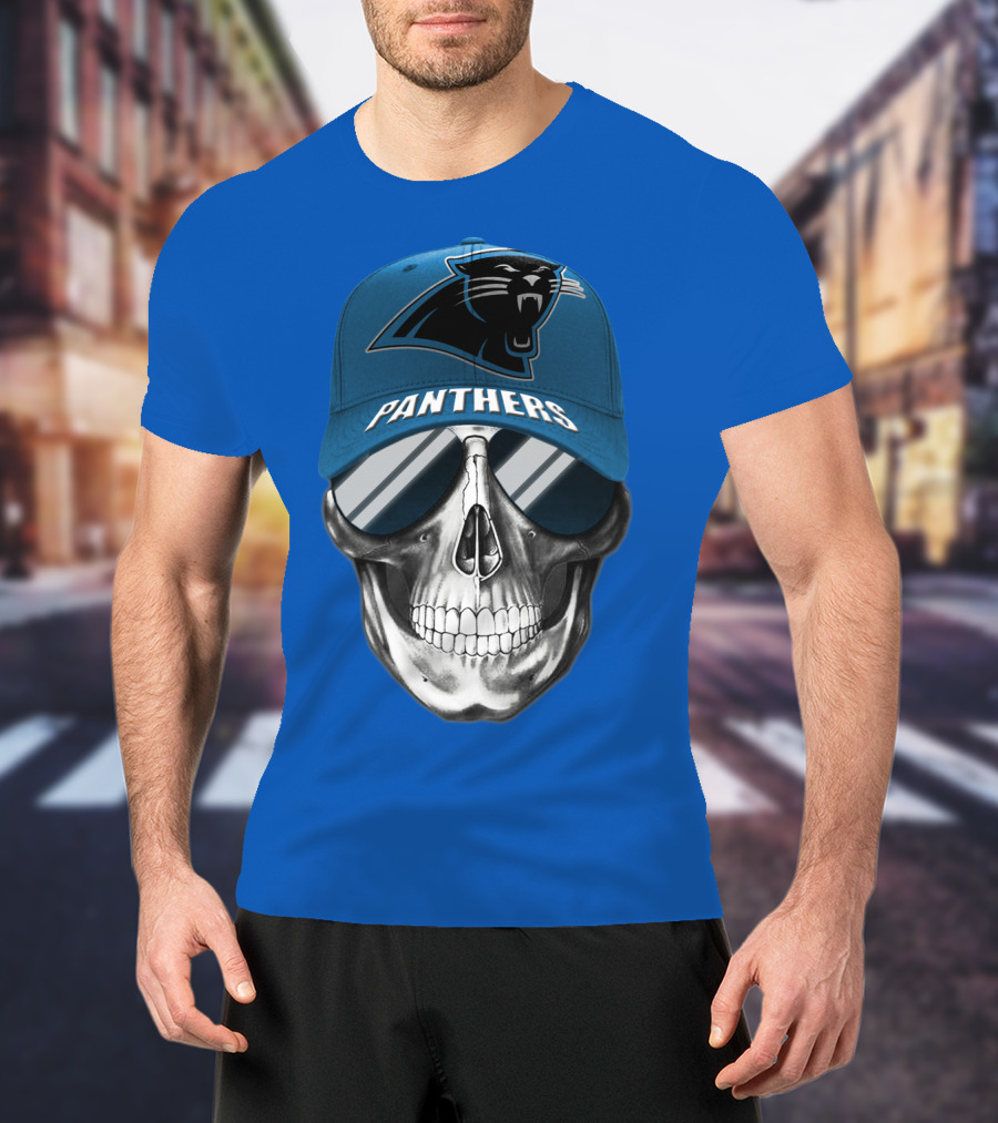 Carolina Panthers Skull Wearing Team Hat And Sunglasses T-Shirt