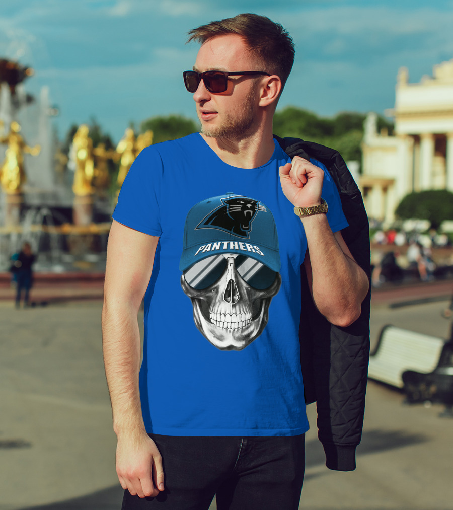 Carolina Panthers Skull Wearing Team Hat And Sunglasses T-Shirt