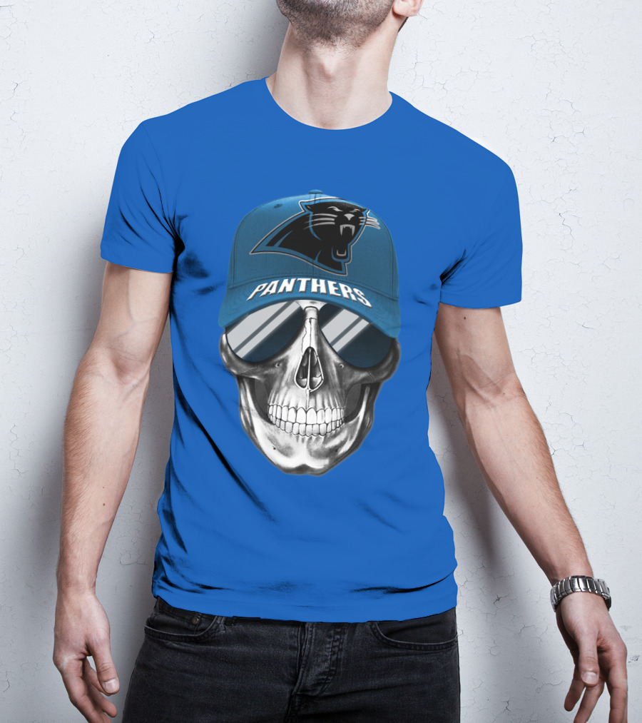 Carolina Panthers Skull Wearing Team Hat And Sunglasses T-Shirt