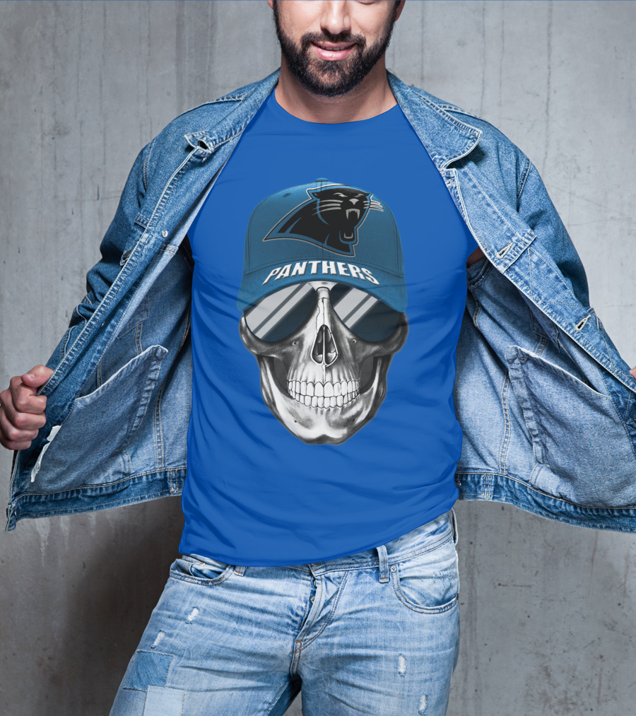 Carolina Panthers Skull Wearing Team Hat And Sunglasses T-Shirt
