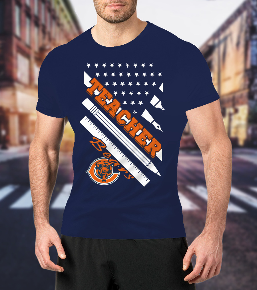 Chicago Bears Teacher American Flag Ruler And Pens T-Shirt