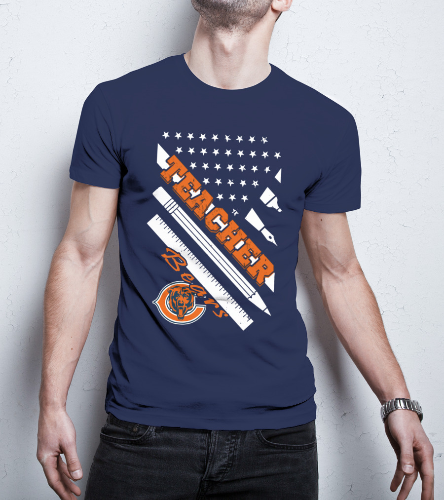 Chicago Bears Teacher American Flag Ruler And Pens T-Shirt