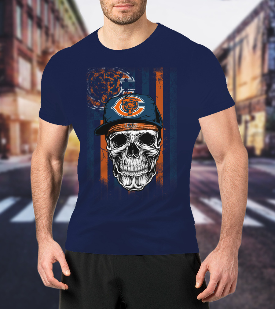 Chicago Bears Skull With Cap And Stripes T-Shirt