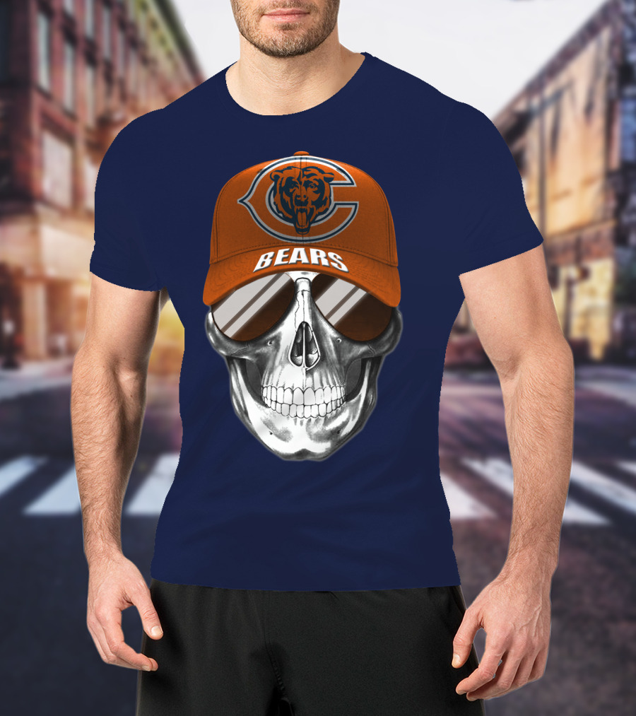 Chicago Bears Skull Cap With Logo And Sunglasses T-Shirt