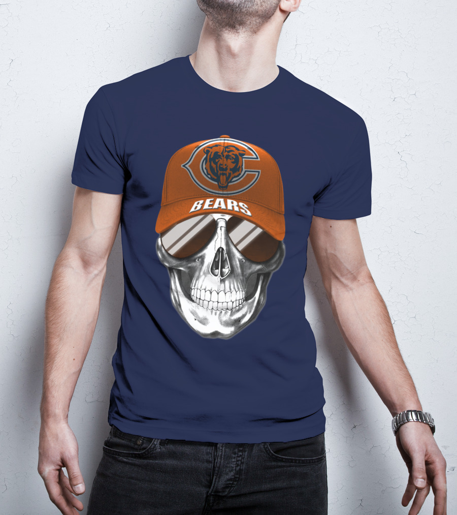 Chicago Bears Skull Cap With Logo And Sunglasses T-Shirt