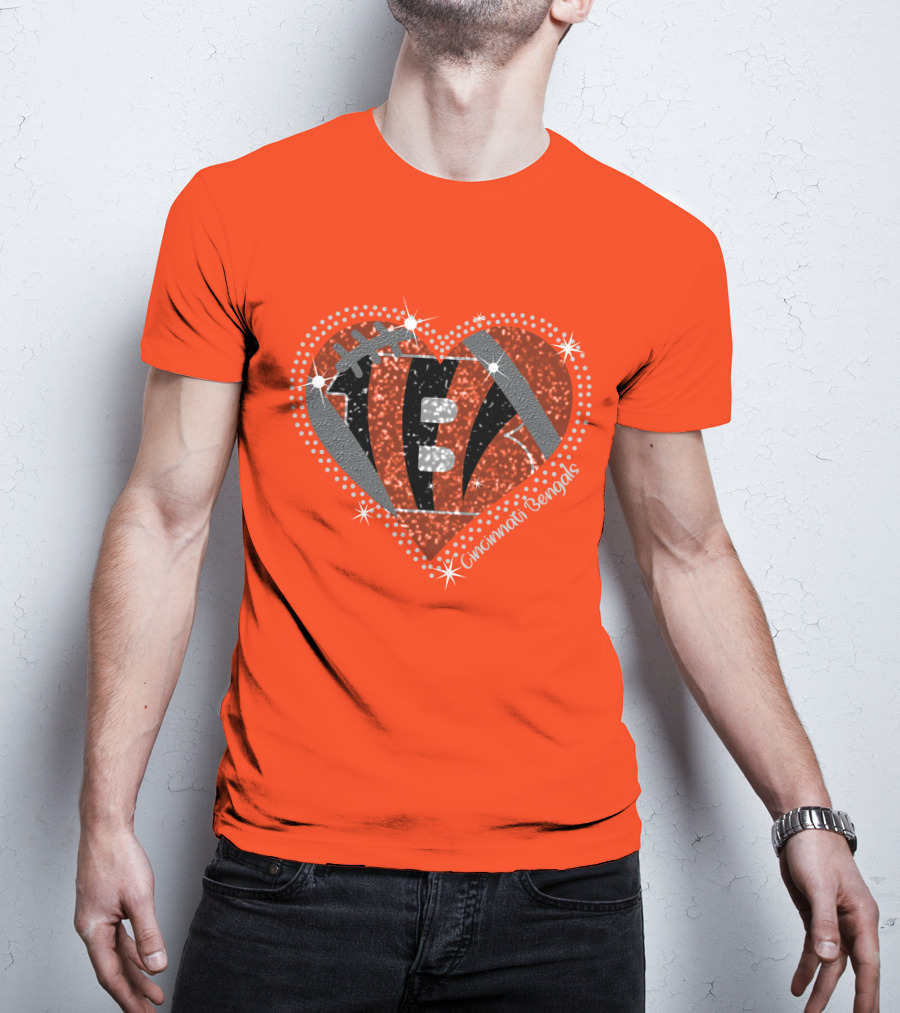 Cincinnati Bengals Heart Sparkle Football T-Shirt
