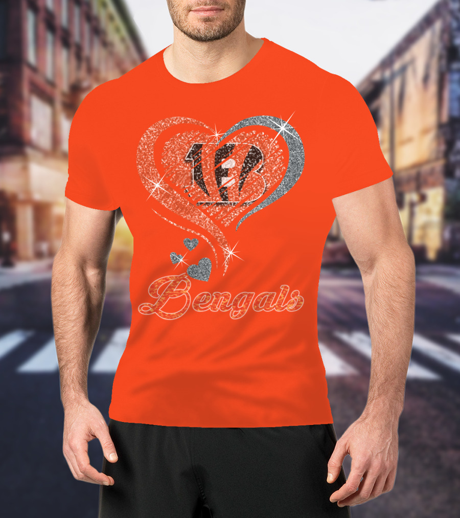 Bengals Heart Sparkle B Stripes Glitter T-Shirt