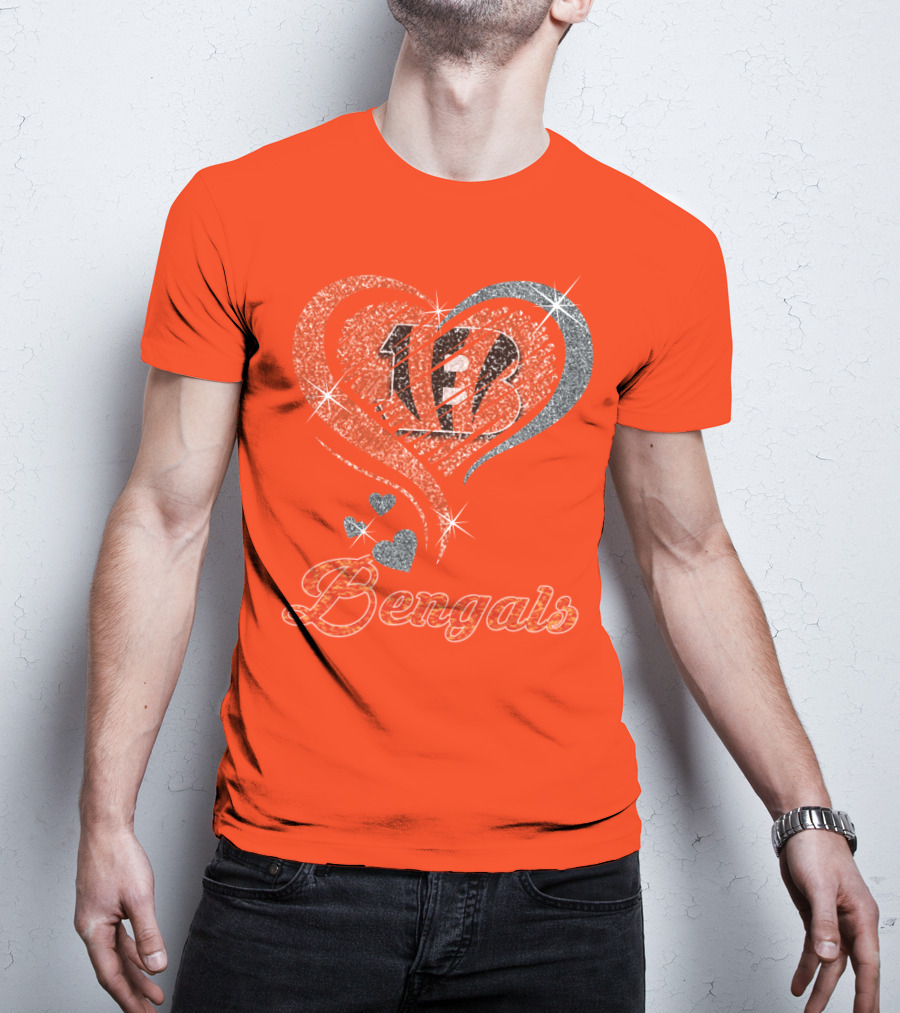 Bengals Heart Sparkle B Stripes Glitter T-Shirt