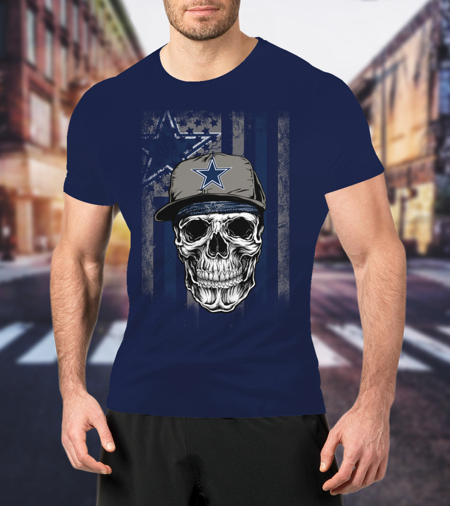 Dallas Cowboys Skull With Star Cap And Grunge Flag T-Shirt