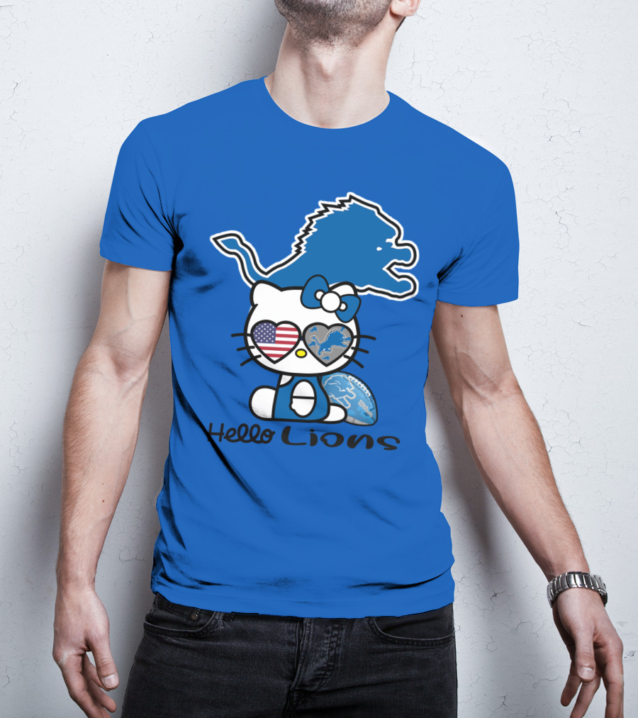 Hello Lions Detroit Lions Football Kitty Patchwork T-Shirt