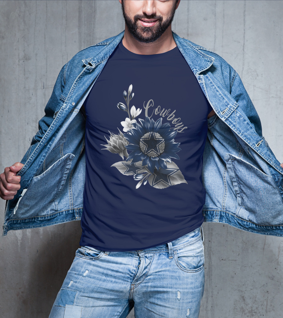 Cowboys Star Floral Design With Navy And Silver Accents T-Shirt
