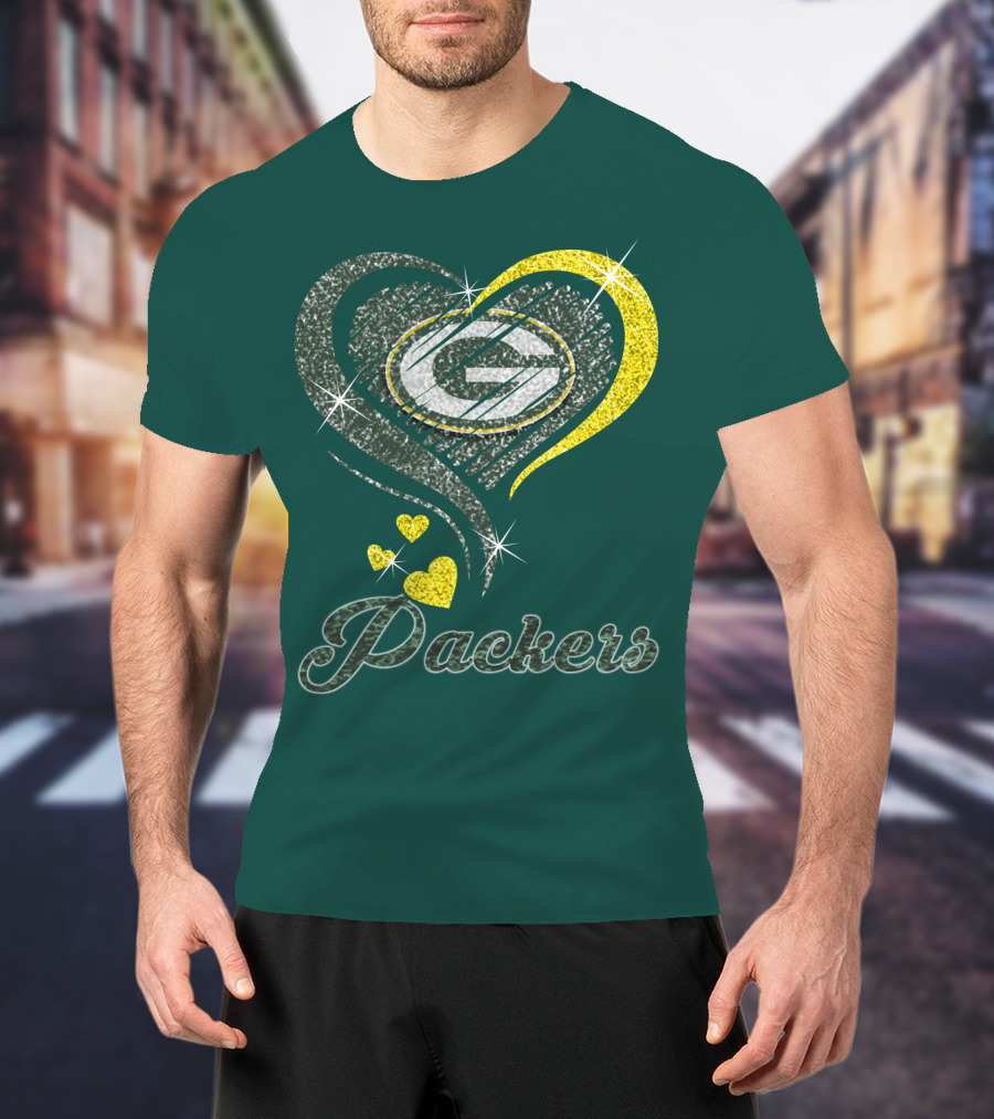 Green Bay Packers Heart Logo Sparkle T-Shirt