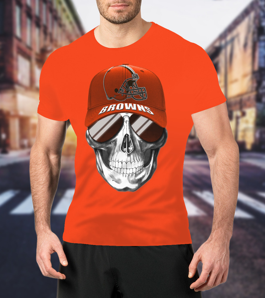 Cleveland Browns Skull Hat With Football Helmet Icon On Bright Orange T-Shirt