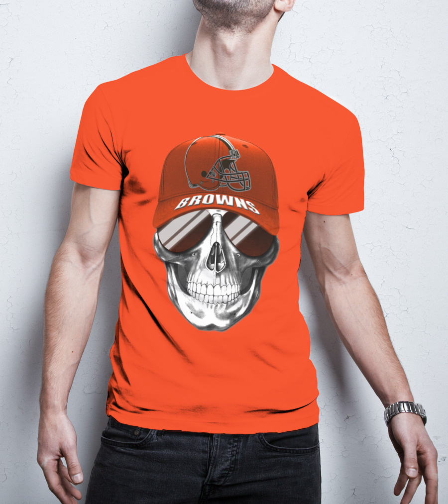 Cleveland Browns Skull Hat With Football Helmet Icon On Bright Orange T-Shirt