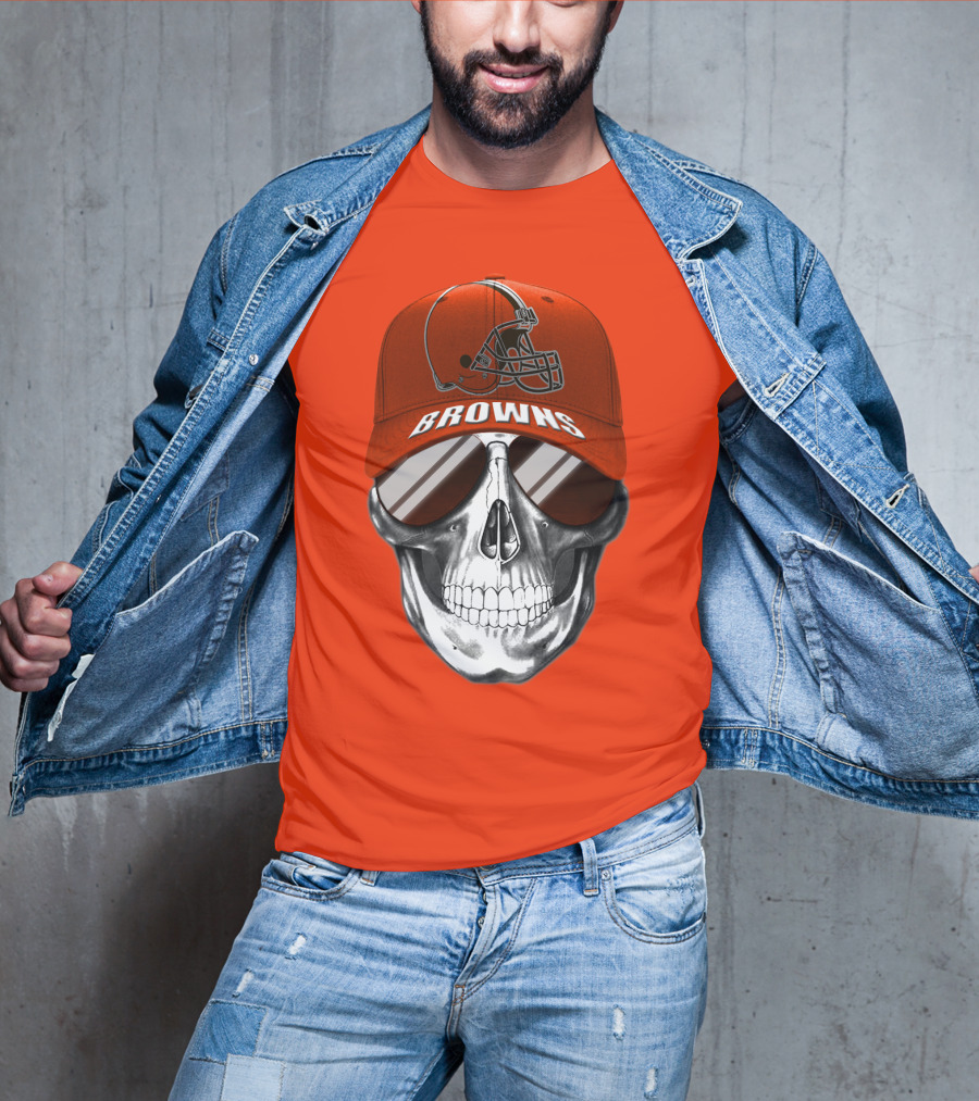 Cleveland Browns Skull Hat With Football Helmet Icon On Bright Orange T-Shirt