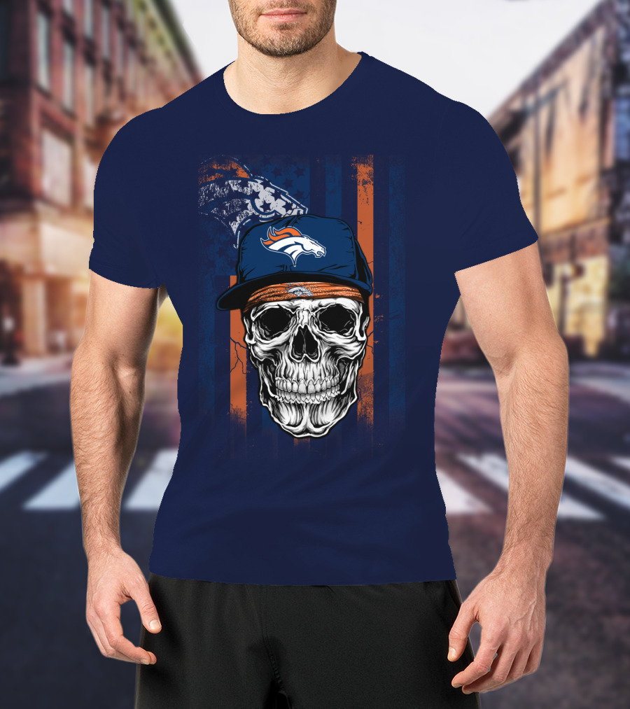 Denver Broncos Skull With Cap And Logo На Тёмно-Синем Фоне T-Shirt