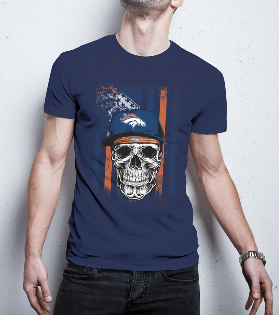 Denver Broncos Skull With Cap And Logo На Тёмно-Синем Фоне T-Shirt