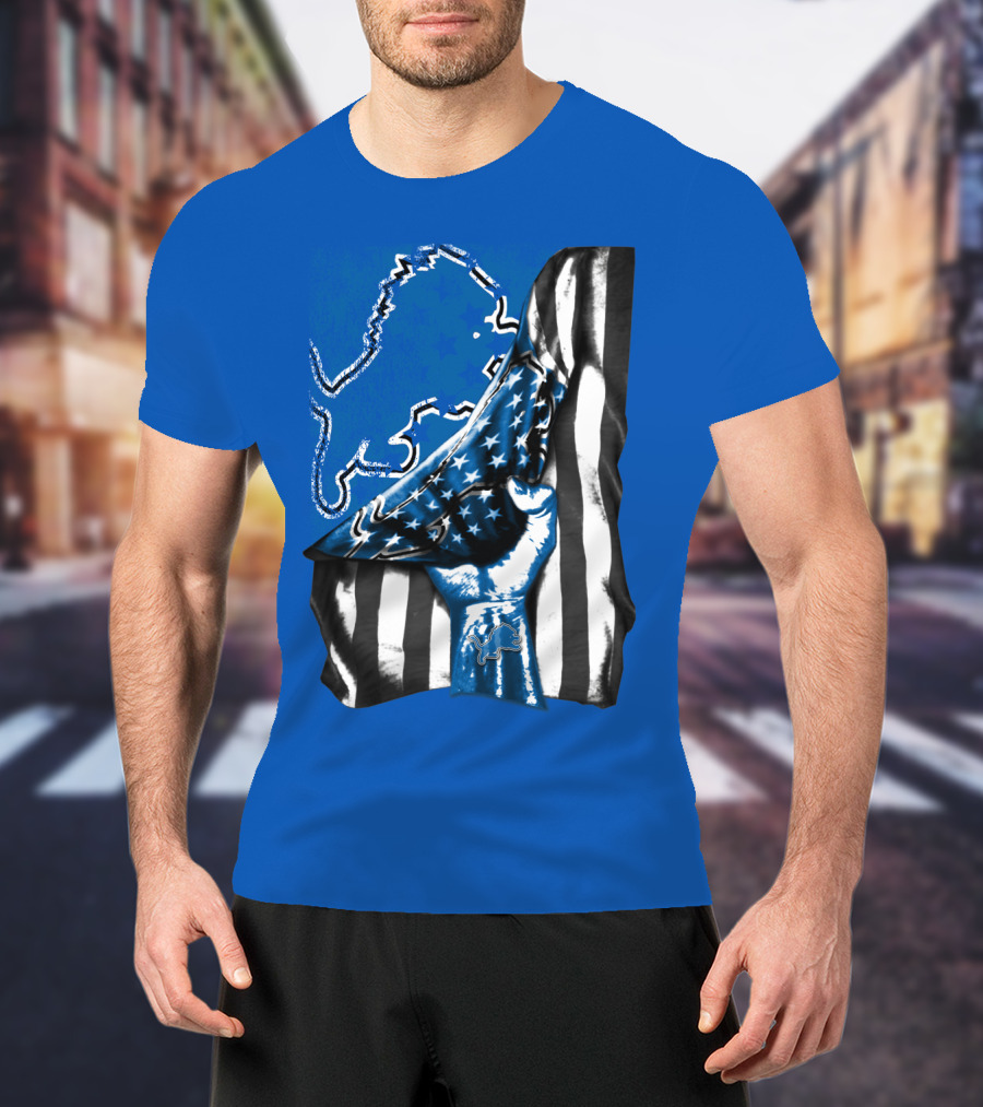 Detroit Lions Blue Lion Silhouette With American Flag Fist On Blue T-Shirt