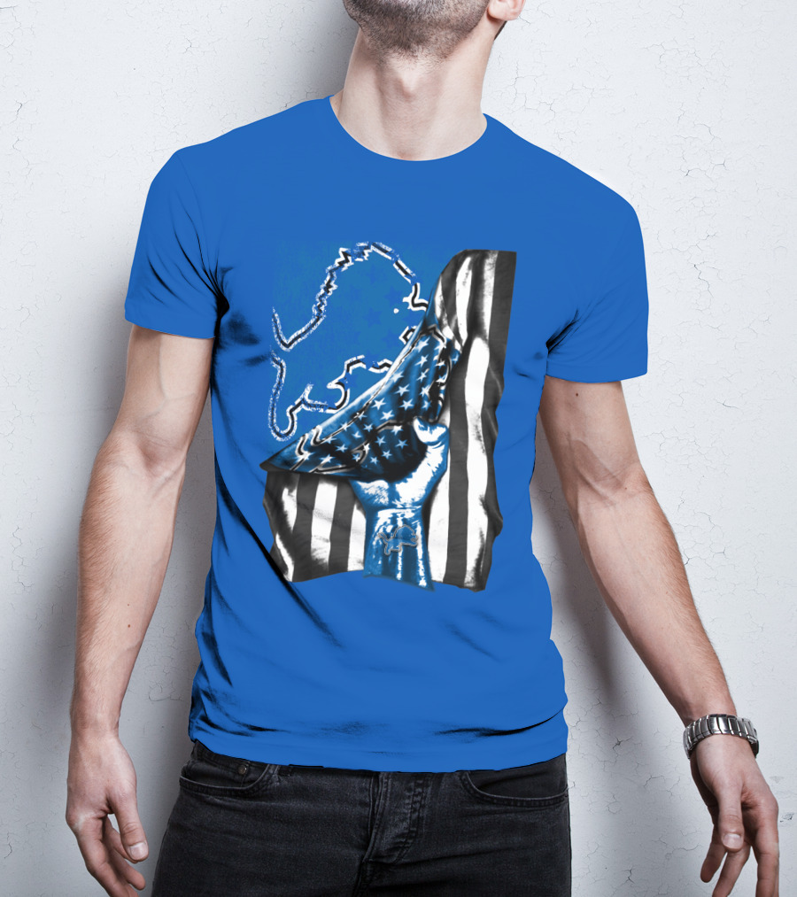 Detroit Lions Blue Lion Silhouette With American Flag Fist On Blue T-Shirt
