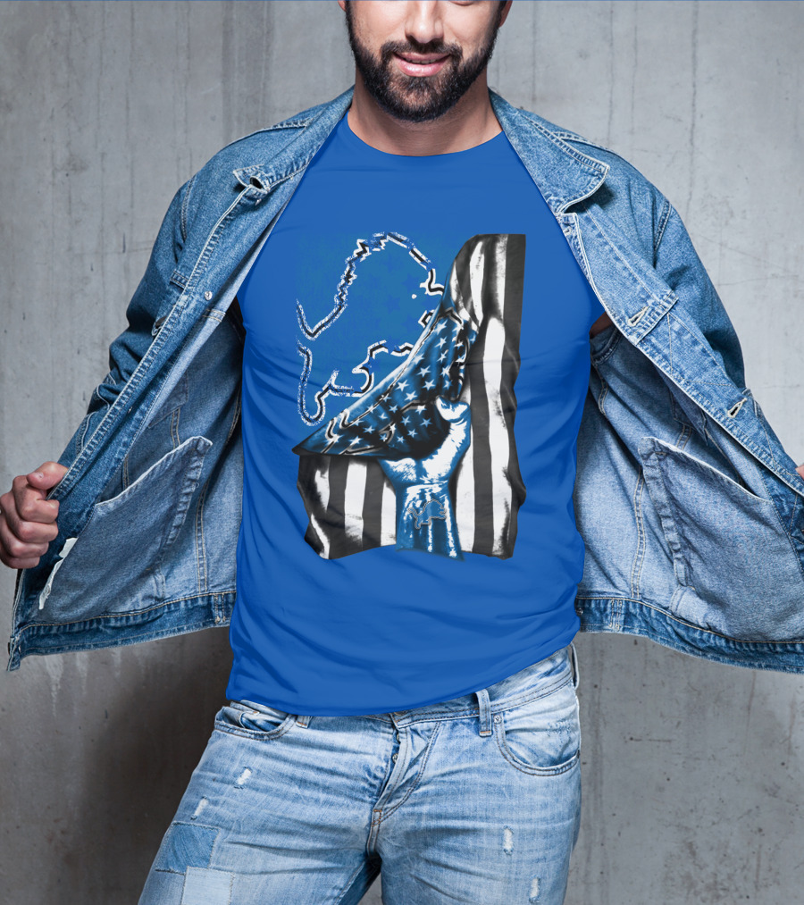 Detroit Lions Blue Lion Silhouette With American Flag Fist On Blue T-Shirt