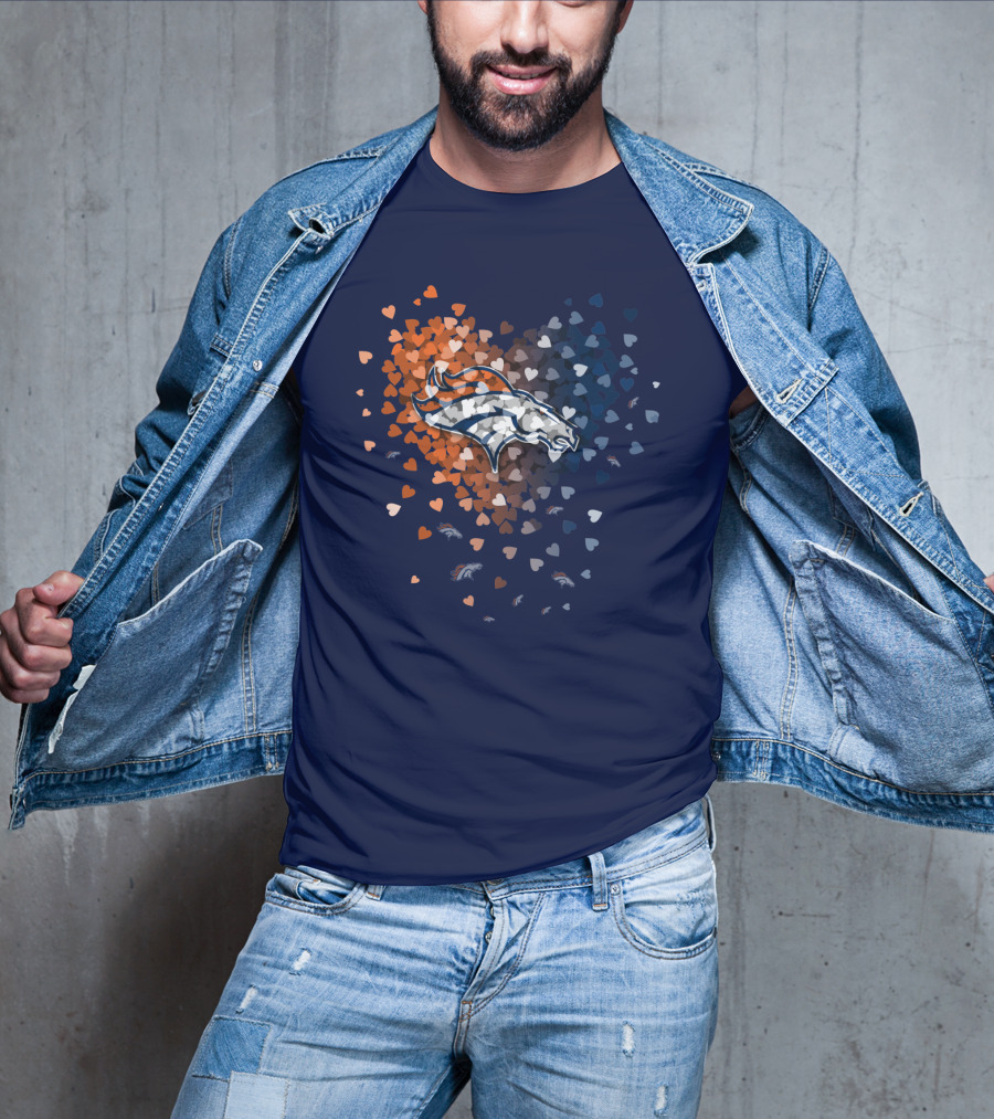 Denver Broncos Heart Logo With Orange And Blue Hearts T-Shirt