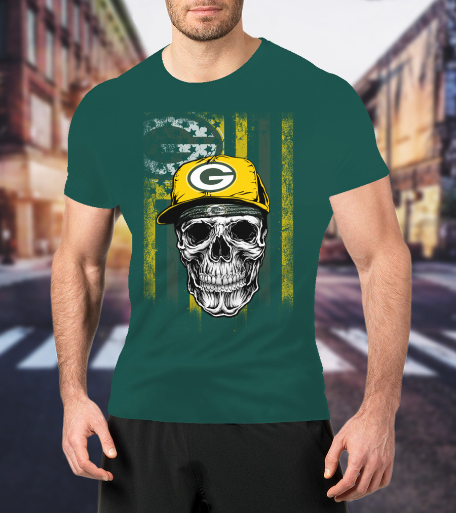 Green Bay Packers Skull With Cap And Distressed Flag T-Shirt