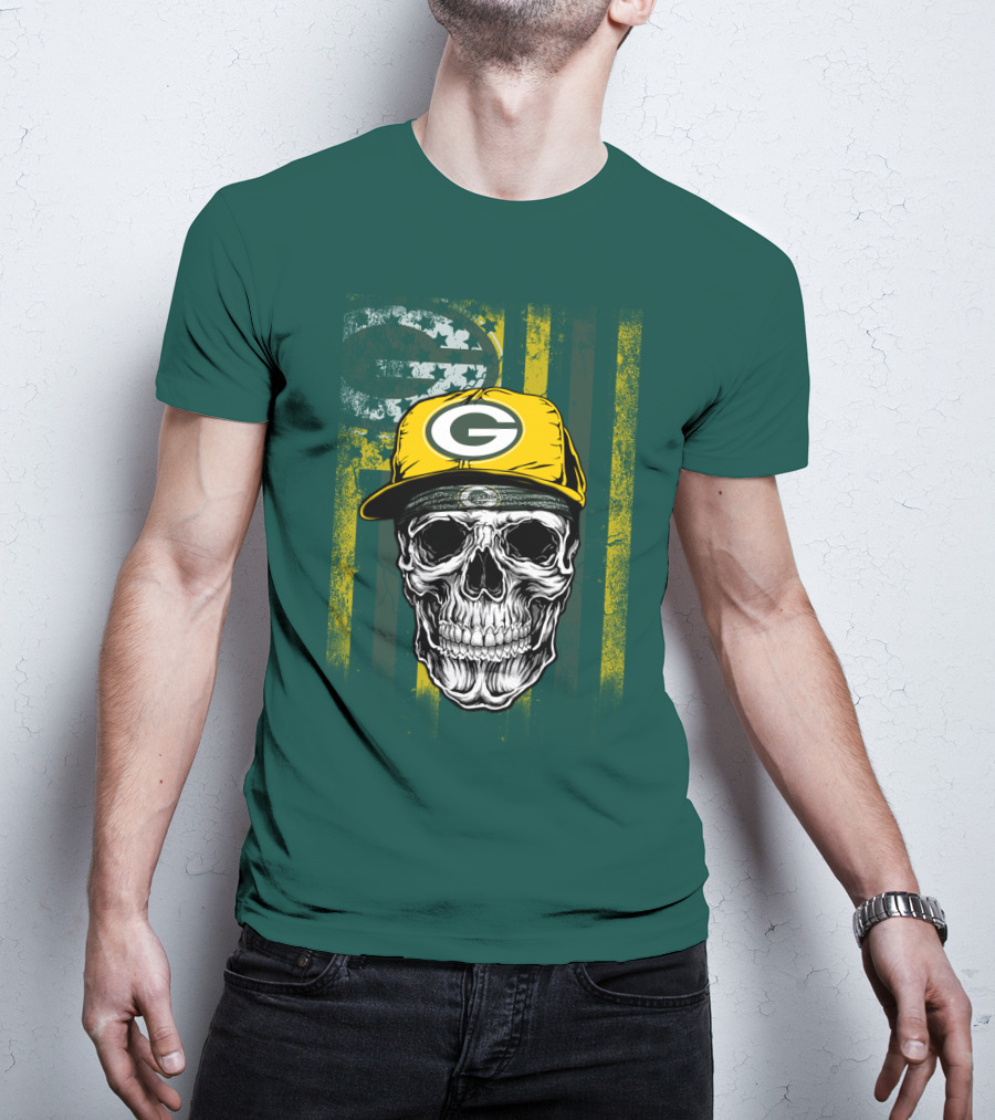 Green Bay Packers Skull With Cap And Distressed Flag T-Shirt