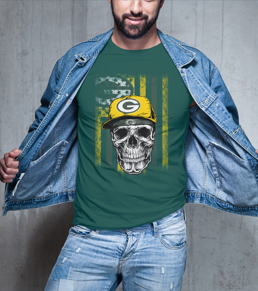 Green Bay Packers Skull With Cap And Distressed Flag T-Shirt