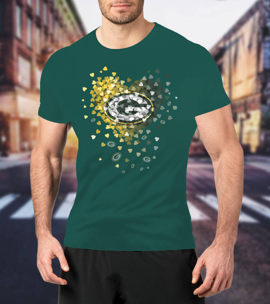 Green Bay Packers Heart Logo With Golden Hearts And Green T-Shirt