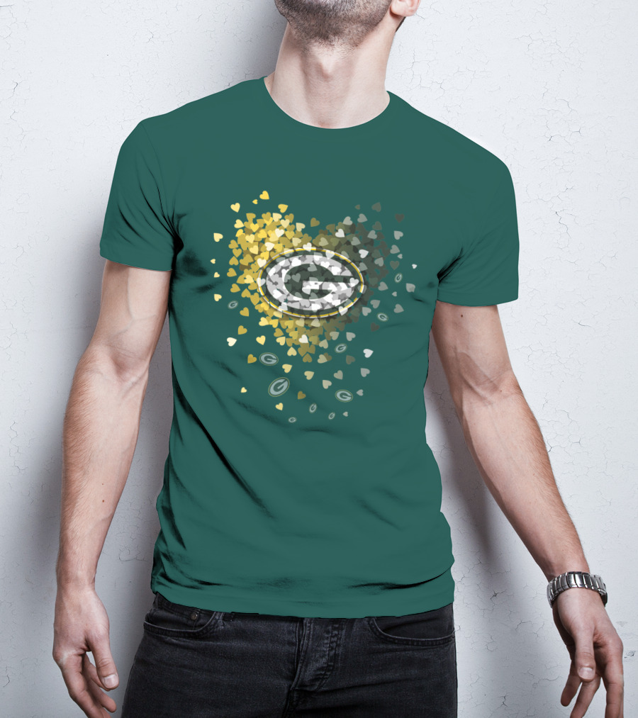Green Bay Packers Heart Logo With Golden Hearts And Green T-Shirt
