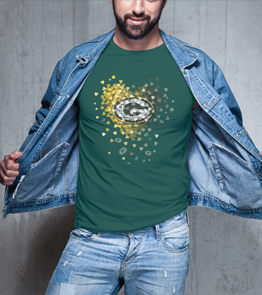 Green Bay Packers Heart Logo With Golden Hearts And Green T-Shirt