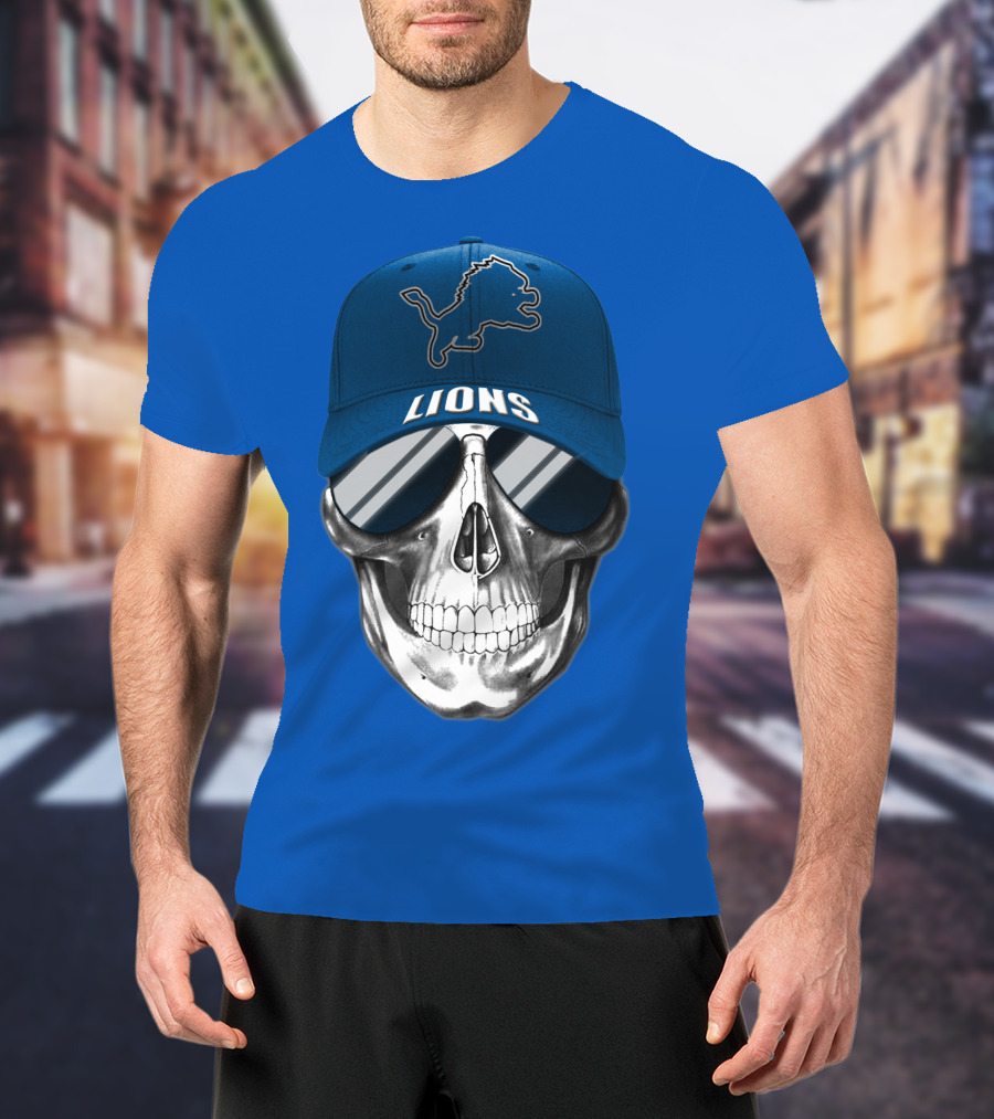 Detroit Lions Skull With Blue Cap And Sunglasses T-Shirt