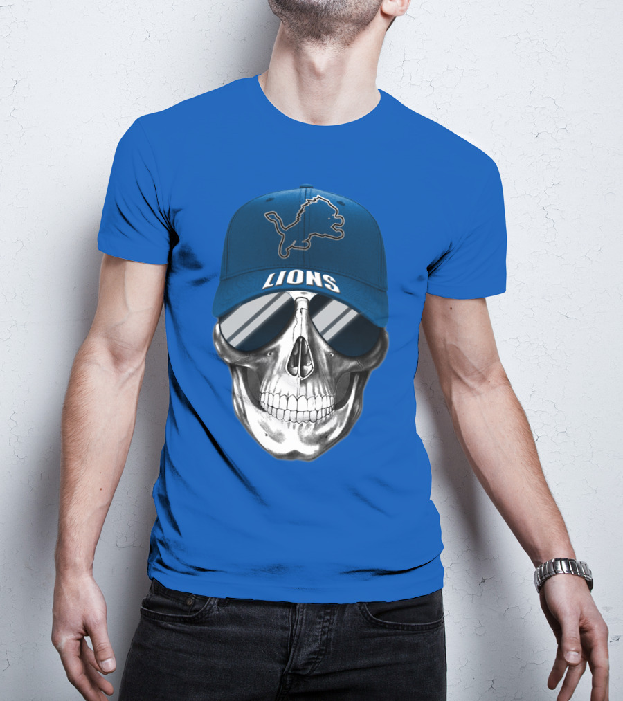 Detroit Lions Skull With Blue Cap And Sunglasses T-Shirt