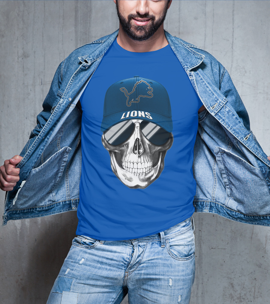 Detroit Lions Skull With Blue Cap And Sunglasses T-Shirt