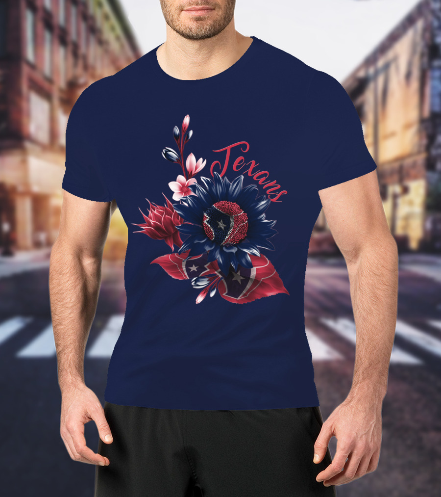 Houston Texans Blossom With Red White And Blue Star Accents T-Shirt