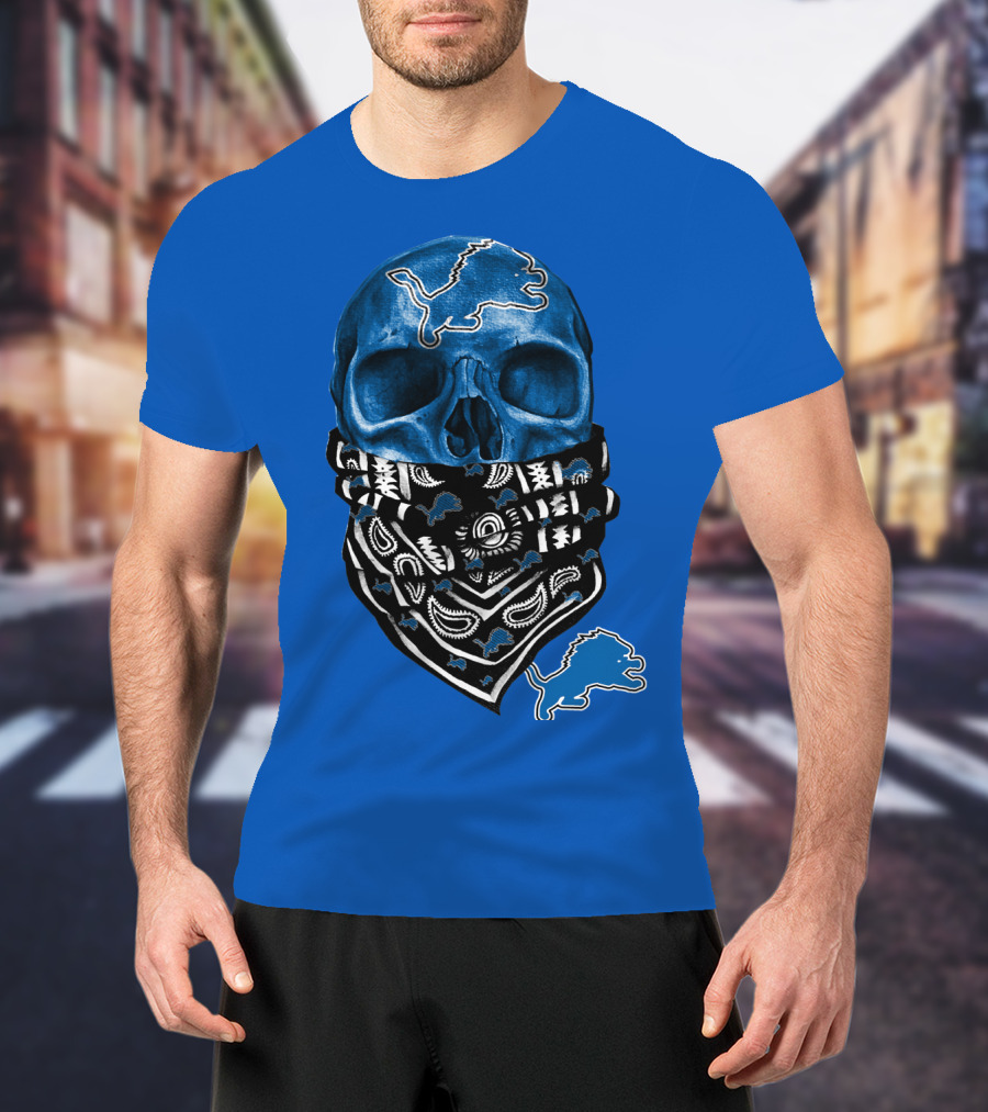 Detroit Lions Blue Skull Bandana Icon With Nfl Team T-Shirt