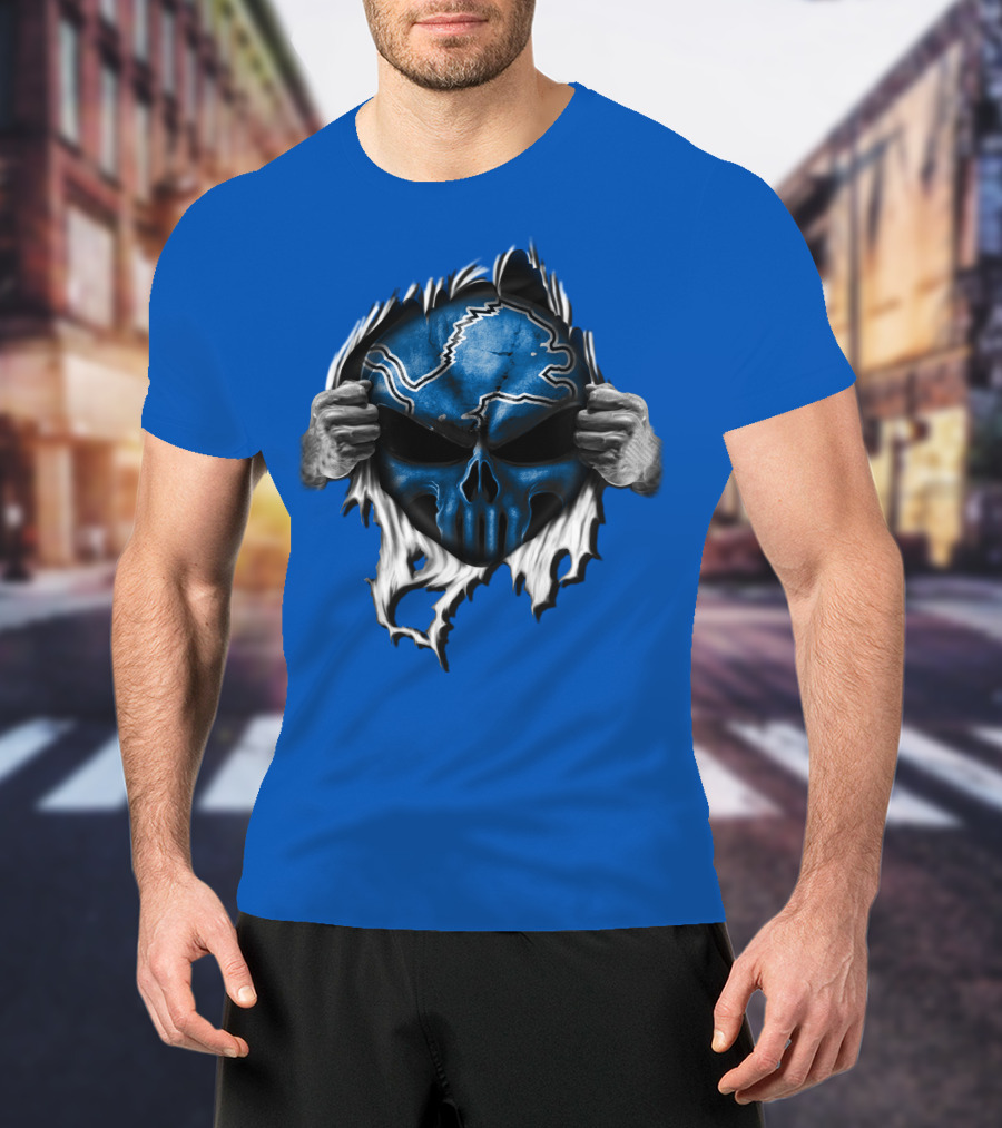 Detroit Lions Skull Design Blue Ripped Background T-Shirt
