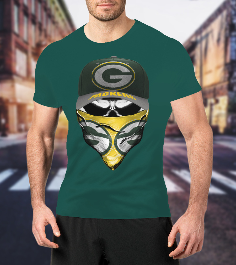 Green Bay Packers G Cap And Bandana Face Skull T-Shirt