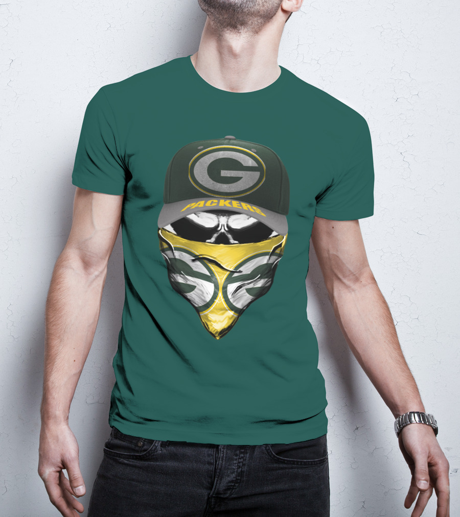 Green Bay Packers G Cap And Bandana Face Skull T-Shirt