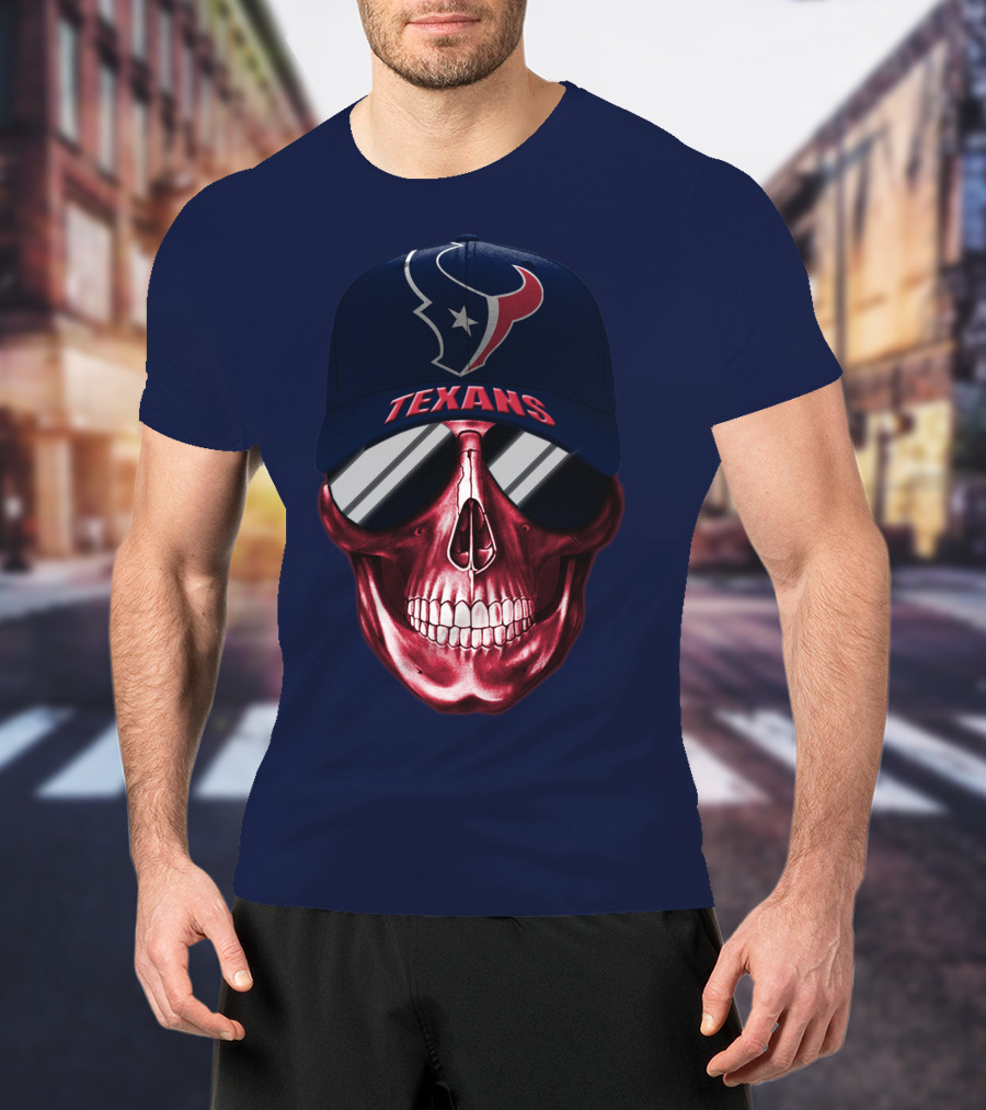 Houston Texans Skull With Cap And Sunglasses T-Shirt