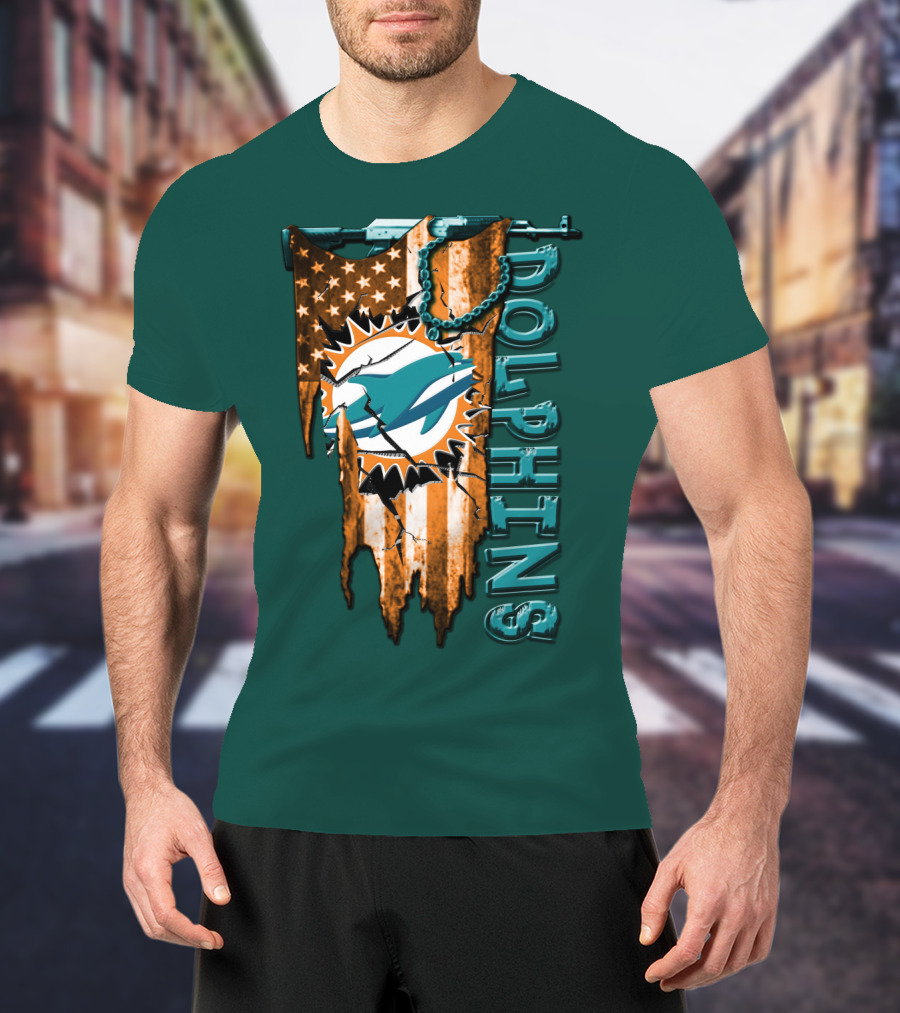 Miami Dolphins Flag And Logo Style With Stars And Stripes T-Shirt
