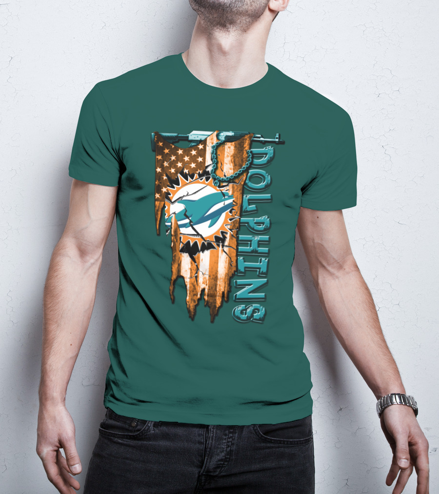 Miami Dolphins Flag And Logo Style With Stars And Stripes T-Shirt