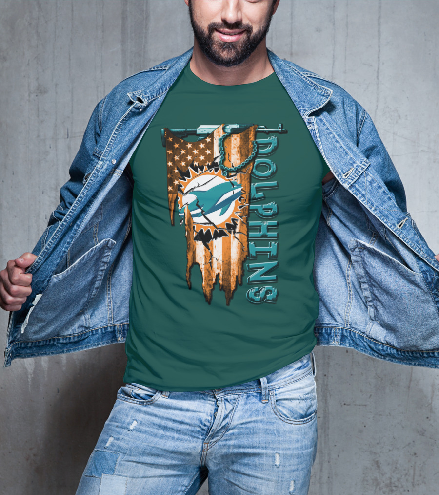 Miami Dolphins Flag And Logo Style With Stars And Stripes T-Shirt