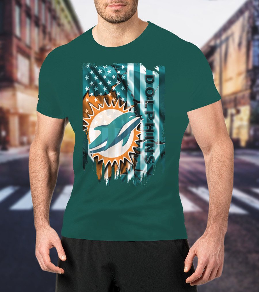 Miami Dolphins American Flag Sunburst Ocean Wave T-Shirt
