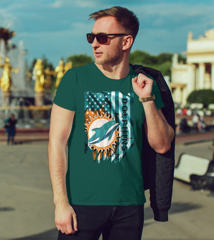 Miami Dolphins American Flag Sunburst Ocean Wave T-Shirt
