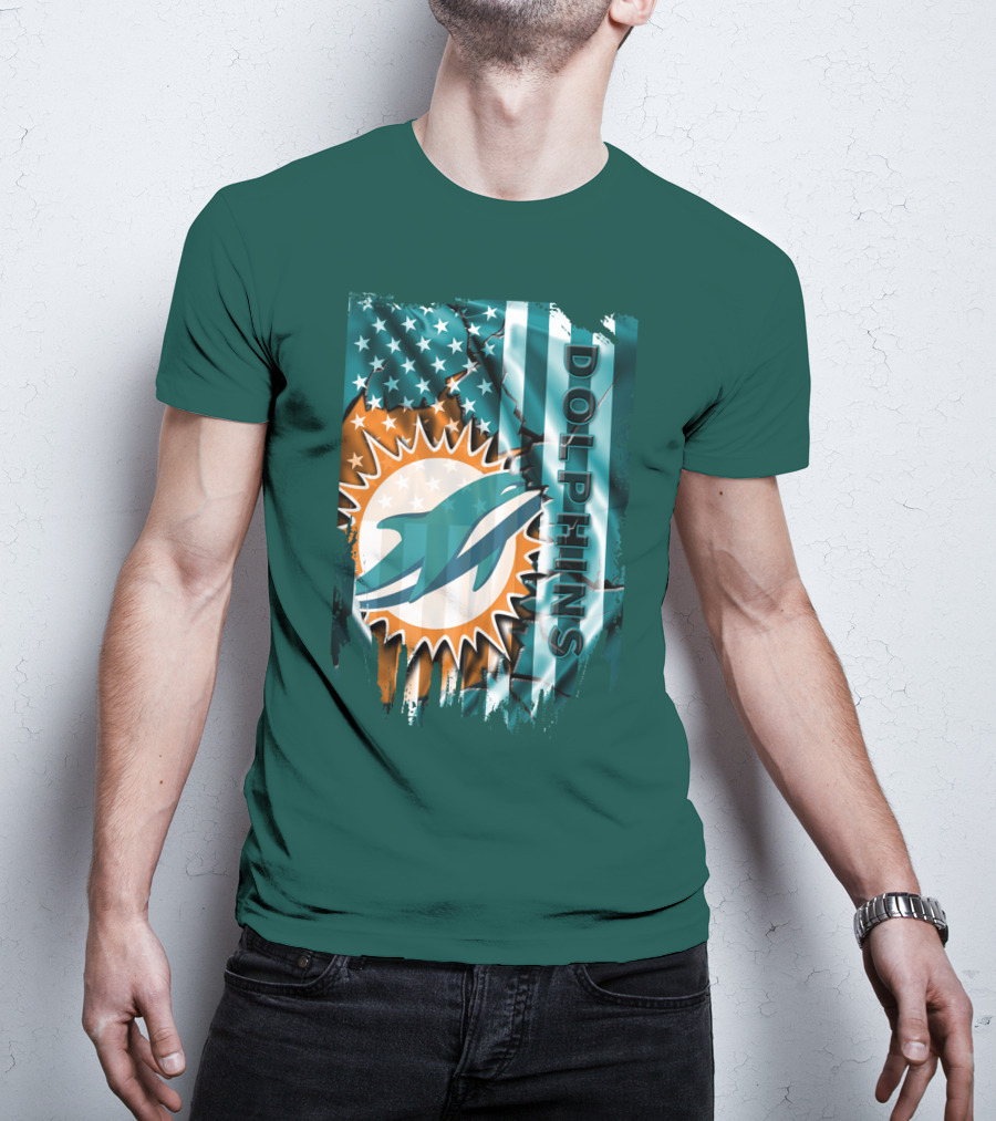 Miami Dolphins American Flag Sunburst Ocean Wave T-Shirt