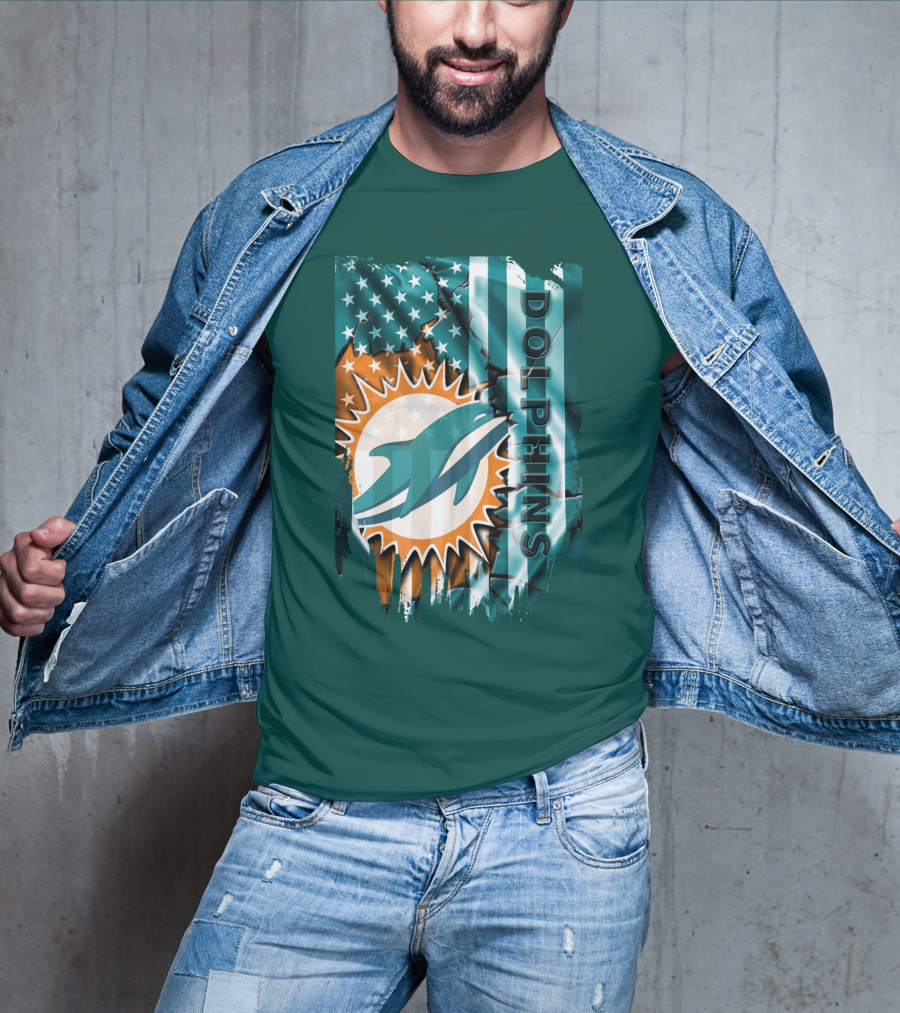 Miami Dolphins American Flag Sunburst Ocean Wave T-Shirt
