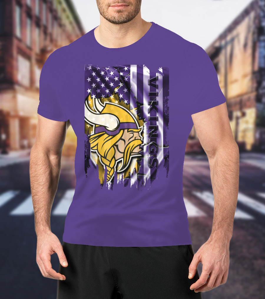 Minnesota Vikings American Flag Stars Stripes Purple Gold Viking Head T-Shirt