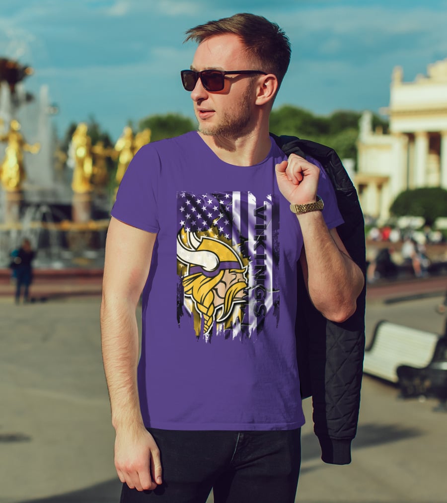Minnesota Vikings American Flag Stars Stripes Purple Gold Viking Head T-Shirt