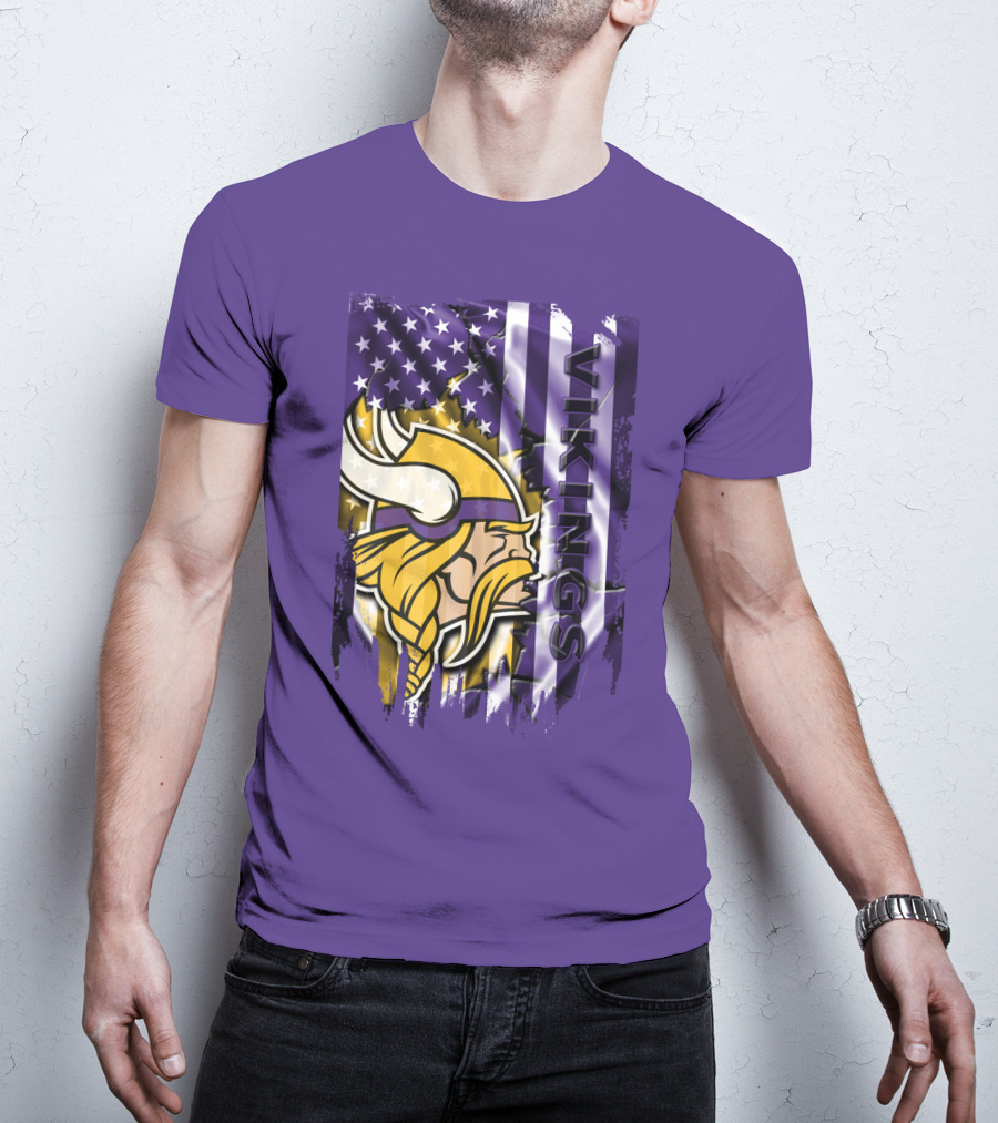 Minnesota Vikings American Flag Stars Stripes Purple Gold Viking Head T-Shirt